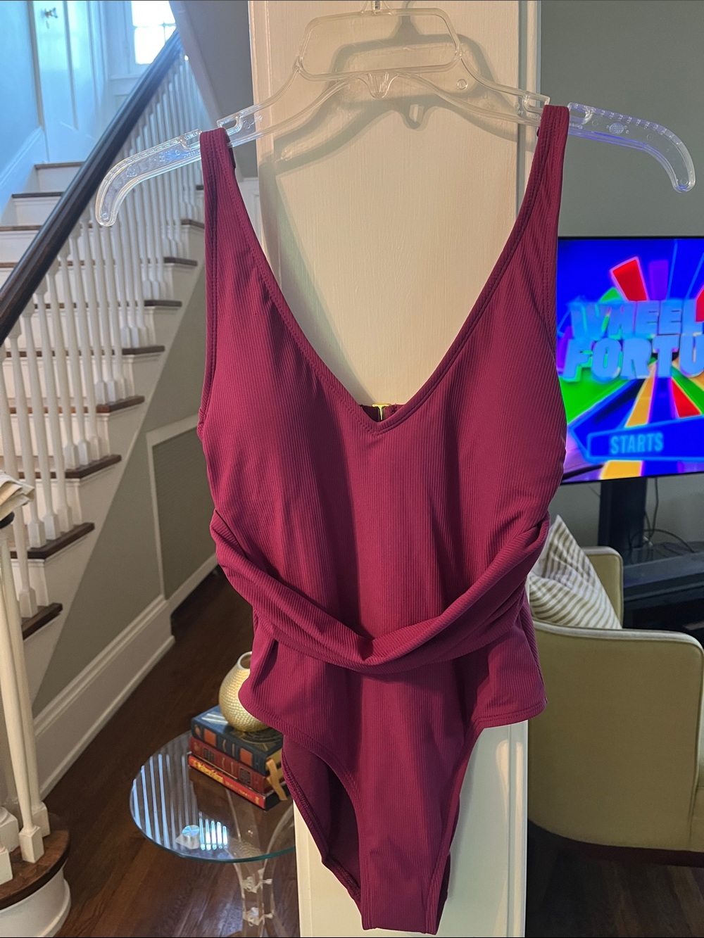 NWT Shade & Shore Ribbed V-Neck One-Piece Swimsuit in Berry Plum